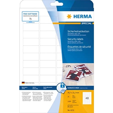 HERMA 4232 Sicherheitsetiketten gegen Manipulation, 25 Blatt, 45,7 x 21,2 mm, 48 pro A4 Bogen, 1200 Stück, selbstklebend, bedruckbar, matt, blanko Klebeetiketten Aufkleber aus Spezialfolie, weiß
