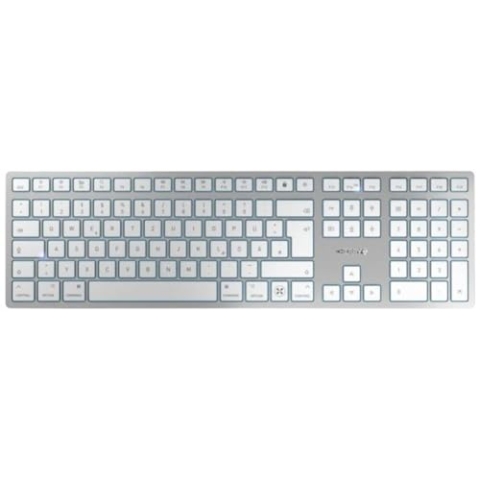 CHERRY KW 9100 SLIM FOR MAC, kabellose Mac-Tastatur, Deutsches Layout (QWERTZ), Bluetooth oder 2,4 GHz Funk, Flache Tasten, Wiederaufladbar, Weiß-Silber