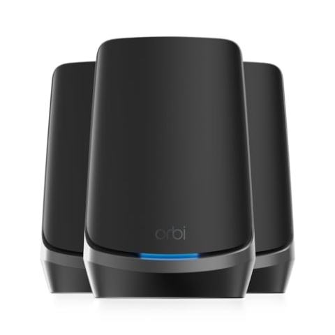 NETGEAR Orbi WiFi 6E Mesh Quad-Band WLAN System (RBKE963B) | WiFi 6E Router mit 2 Satelliten | Abdeckung bis zu 600 m² und 200 Geräte mit 10,8 GBit/s (AXE11000) | einfache App Installation
