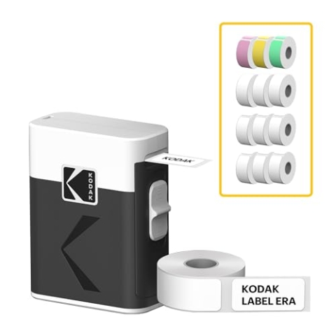 KODAK Label ERA M50 Etikettendruckmaschine, Weiß (Etikettendrucker mit 1 Rolle Sticker-Etiketten + 12 Rollen-Set, Weiß 9 Rollen, Pink/Grün/Gelb je 1 Rolle)