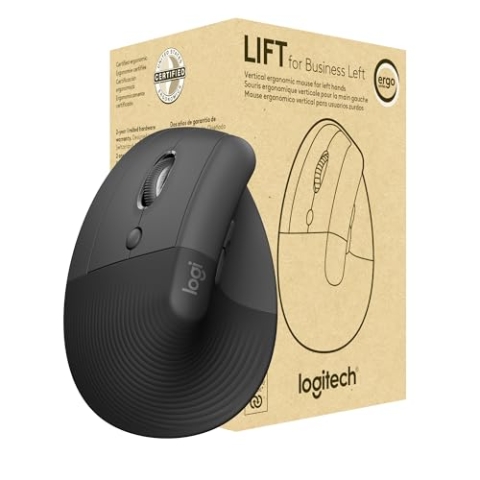 Logitech Lift for Business Left, vertikale ergonomische Maus – für Linkshänder, kabellos, Bluetooth oder gesicherter Logi Bolt USB, leise Klicks, Windows/Mac/Chrome/Linux – Grafit, Small, 910-006495