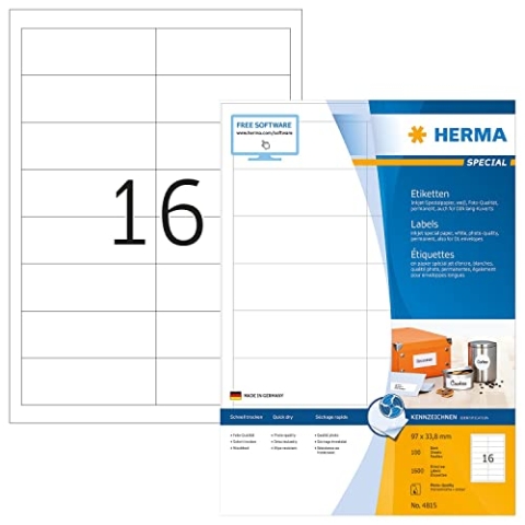 HERMA 4815 Adressetiketten für Inkjet Drucker, 100 Blatt, 97 x 33,8 mm, 16 pro A4 Bogen, 1600 Stück, selbstklebend, bedruckbar, matt, blanko Adressaufkleber Etiketten für Tintenstrahldrucker, weiß