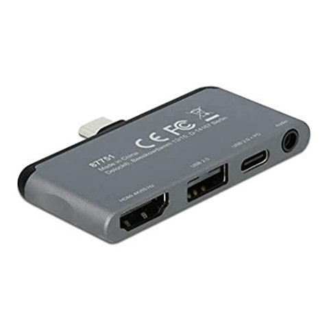DeLock Mini USB C HUB für iPad Pro, 4 in 1 USB C Adapter mit HDMI 4K 60 Hz, USB C Powe Delivery 2.0 bis 100w, USB 2.0 Port, 3,5 mm Headset Buchse, 87751