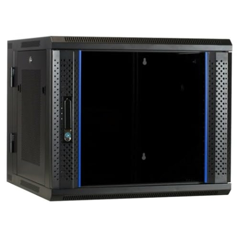 9HE Netzwerkschrank (Serverschrank) 19 Zoll wendbares Wandgehäuse mit Glastür und perforierten Seitenwänden (BxTxH) 600 x 600 x 501mm - Schwarz - Traglast 60 kg