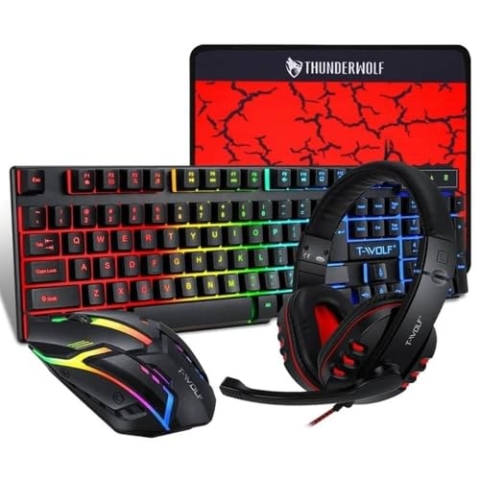 LIVOLF TF-800 Gaming-Set, 4-teilig, RGB-Tastatur mit Hintergrundbeleuchtung, Gaming-Maus, Kopfhörer mit Mikrofon, Matte, Schwarz und Rot