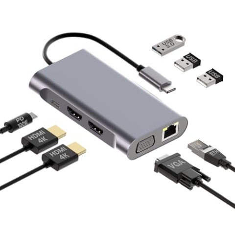 MMOBIEL USB-C zu Dual HDMI Hub - 8-in-1 USB-Hub & 100W PD Adapter - Docking Station zu USB 3.0, 2x USB 2.0, 2x HDMI, VGA, PD und ETH - Triple Display für Laptops, Tablets, Smartphones etc. - Aluminium