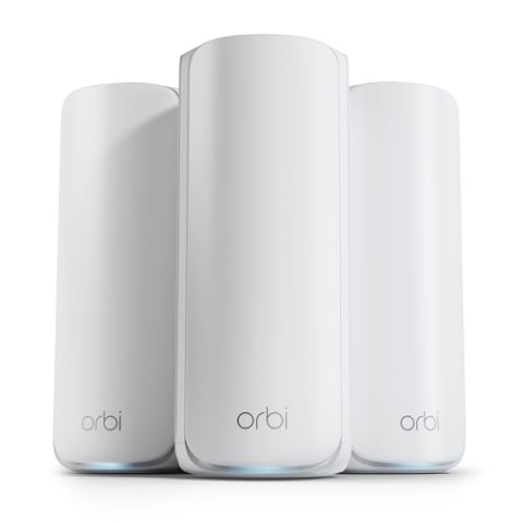 NETGEAR Orbi 870 Tri-Band WiFi 7-Mesh-Netzwerksystem (RBE873) Router mit 2 Satelliten– Abdeckung von bis zu 600 m², für 150 Geräte – 10-Gig-Internetanschluss, BE21000 (max 21 GBit/s), Weiss