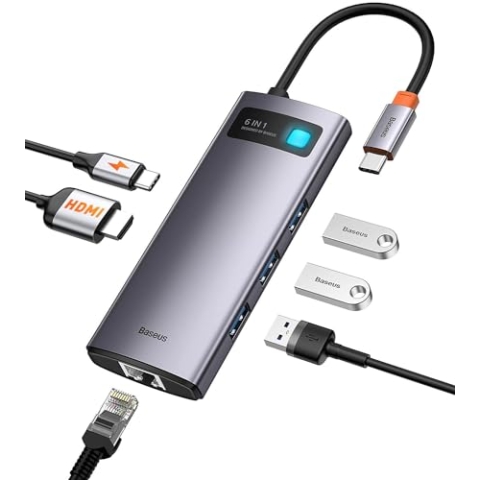 Baseus Metal Gleam 6 in 1, Multifunktions-PC/Phone Hub Adapter, Grau, Anzahl Anschlüsse: 6, Eingang: USB Type C, Ausgang: USB Type A 3.0 X 3, USB Type C (PD), Reisegröße