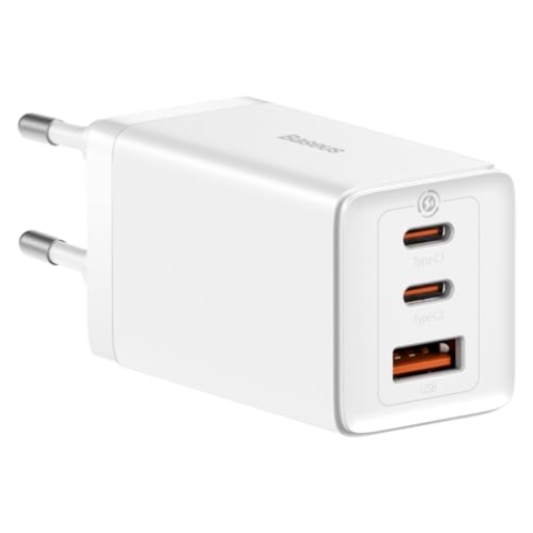 Baseus Travel Charger GaN5 Pro Fast Wall Charger, C+C+U, QC, AFC, PD 65W with Type-C to Type-C (100W) 1m, White EU (CCGP120202)