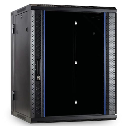 18HE Netzwerkschrank (Serverschrank) 19 Zoll wendbares Wandgehäuse mit Glastür (BxTxH) 600 x 600 x 900mm - Schwarz - Traglast 60 kg