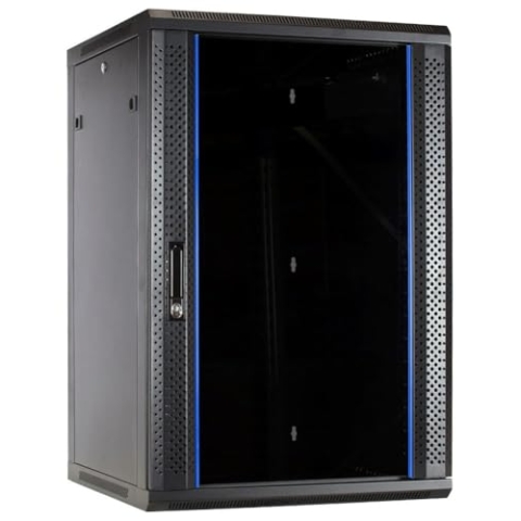 DSIT 19 Zoll Set: 18HE Netzwerkschrank zur Wandmontage – Fachboden – Steckdosenleiste SPD 8-Fach – Bürstenleiste – Cat6 UTP-Patchpanel
