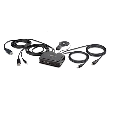 StarTech.com 2-Port Hybrid USB-C HDMI Kabel KVM-Switch, 4K 60Hz, Mini KVM mit 1,8 m USB-A/HDMI/Audio & 1,2 m USB-C int. Kabeln, Busbetrieben, Hotkey KVM Umschalter (C2-H46-UAC-CBL-KVM)