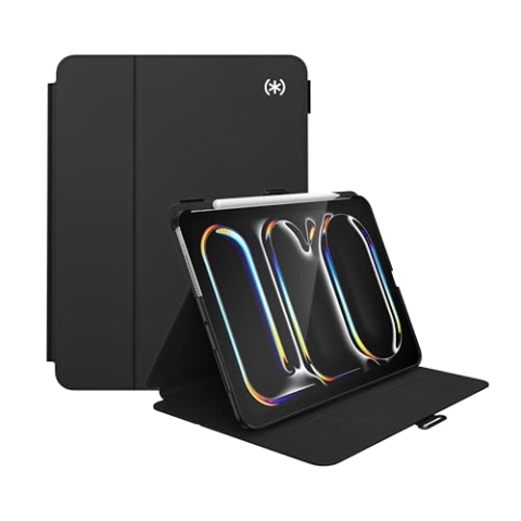 Speck iPad Pro 11 Zoll Hülle (Modell 2024, 5. Generation) – mit Stifthalter, Fall- und Kameraschutz, schlanker Multi-Range-Ständer, Balance Folio, keine Auto/Sleep-Wake-Funktion – Schwarz/Schwarz/Weiß