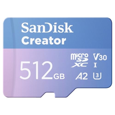 SanDisk Creator microSDXC UHS-I Speicherkarte 512 GB + Adapter (Für Smartphones, Kameras und Drohnen, 5.3K & 4K, A2, C10, V30, U3, bis zu 190 MB/s Übertragung, inkl. 3 Monate Adobe Lightroom)