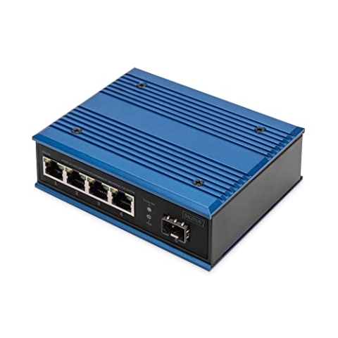 DIGITUS PoE Netzwerk-Switch - 5-Port Gigabit Ethernet - 4X RJ45 + 1x SFP-Port - Unmanaged - 10/100/1000 Mbit/s - Hutschienen & Wandmontage - IP40 - Industrial Serie - Blau