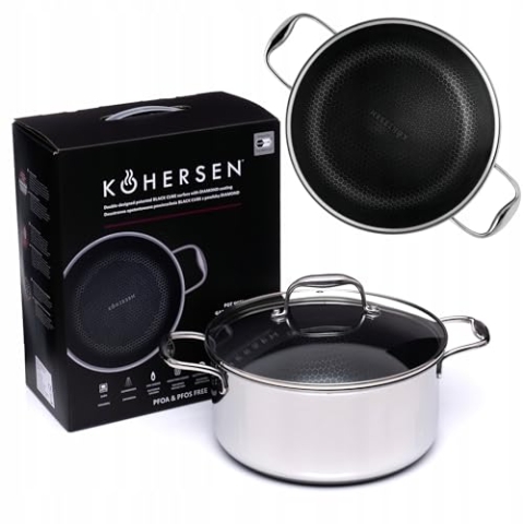 Kohersen Kochtopf mit Decke – DIAMOND Antihaftbeschichtung Mit Wabenstruktur –Deckel aus gehärtetem Glas – Kühl Griff – Topf für Induktion, Gasherd, Elektroherd – Ohne Ptfe Und Pfoa – 24cm - 4,9 l