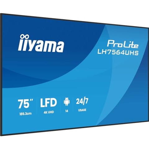 iiyama Prolite LH7564UHS-B1AG 189.5cm 75" Digital Signage Display VA LED Panel 4K UHD HDMI USB-C USB2.0 RS-232c RJ45 Android 14 OS iiSignage² WiFi Mediaplayer 24/7 AntiGlare schwarz