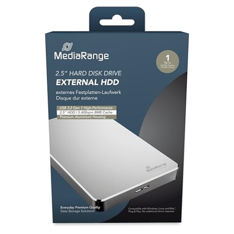 MediaRange Externes HDD Laufwerk 1TB - USB 3.0 Festplattenlaufwerk 2.5", mit 8MB Cache, Datenübertragungsrate bis zu 5 Gbit/s, hochwertiges Gehäuse aus Aluminium