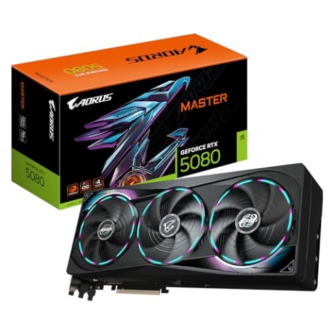 Gigabyte AORUS GeForce RTX 5080 Master 16G Grafikkarte - 16GB GDDR7, 256 Bit, PCI-E 5.0, 2805MHz Core Clock, 3 x DisplayPort, 1 x HDMI, GV-N5080AORUS M-16GD