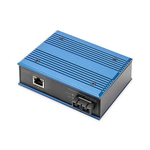 DIGITUS industrieller Gigabit Medien Konverter - 1x RJ45, 1x SC-Duplex 1310nm -Singlemode Faser - 20 km Reichweite - 10/100/1000 Mbps - Hutschienenmontage - schwarz/blau
