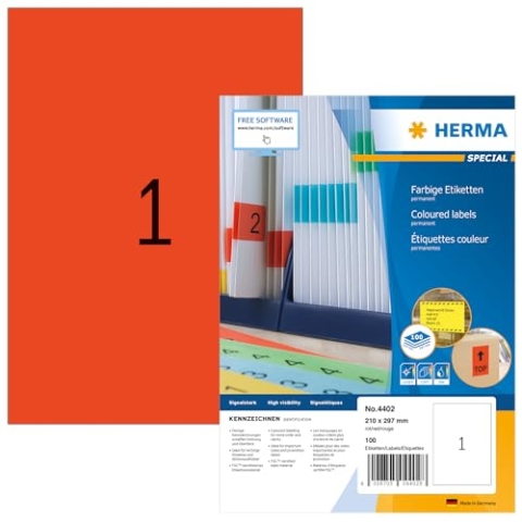 HERMA 4402 Farbige Etiketten rot, 100 Blatt, 210 x 297 mm, 1 pro A4 Bogen, 100 Stück, selbstklebend, bedruckbar, matt, blanko Papier Farbetiketten Aufkleber