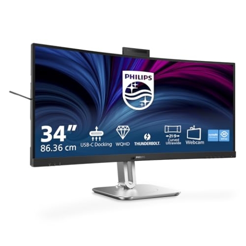 Philips 34B2U6603CH - 34 Zoll WQHD Curved Monitor, höhenverstellbar, Lautsprecher, 5 MP Webcam, Noise Cancellation, HDR400 (3440x1440, 120 Hz, 2X HDMI, DisplayPort, USB-C, USB Hub) dunkel grau
