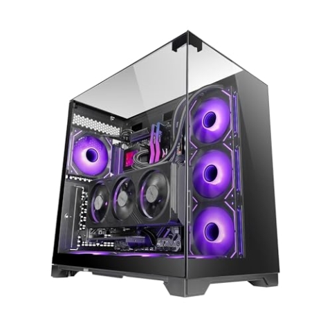 MARSGAMING MC-Vision, Gaming-Gehäuse ATX, Dreifaches Rahmenloses Gehärtetes Glas, Doppelkammer-Design, Kompatibel mit Mainboards Umgekehrtem Anschluss, Voller Support für Flüssigkeitskühlung, Schwarz