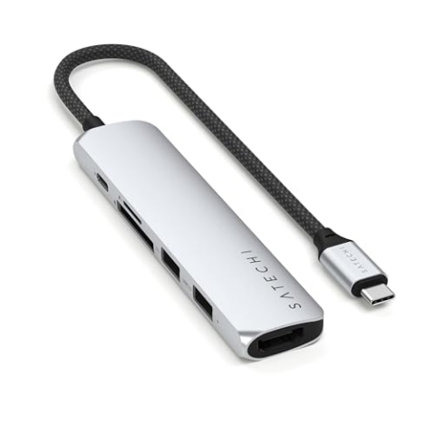 SATECHI 6-in-1 USB-C Hub Slim Plus, Multiport-Adapter, Dockingstation mit 4K HDMI, 100W Power Delivery, 2X USB-A, SD/MicroSD-Kartenleser – Silber