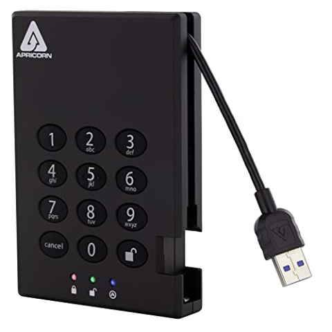 Apricorn 1 TB Aegis Schloss mit Zahlenkombination zum Verschlüsseln Einer USB 3.0 256-Bit AES XTS tragbaren, externen Festplatte 500 GB, schwarz