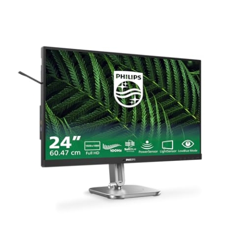 PHILIPS 24B2G5200-24 Zoll Full HD Monitor, höhenverstellbar, Lautsprecher, Adaptive Sync (1920x1080, 75 Hz, 1x D-Sub, 1x HDMI 1.4, 1x DisplayPort 1.2, USB Hub) dunkel/grau