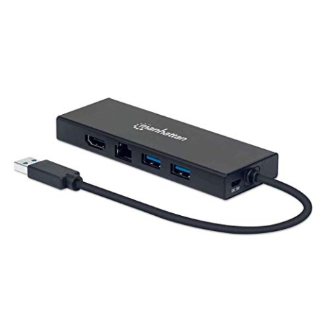 Manhattan-Products USB-A Hub - Multiport mit 1 x HDMI, 1 x VGA, 2 x USB 3.0, 1 x Ethernet Port, 1 x Micro-USB, Dual Monitor, Plug&Play, Notebooks
