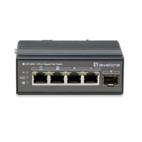 LevelOne IGU-0501 Netzwerk-Switch/ 5Port Gigabit PoE DIN-Rail,-30°C to 65°C/Gigabit Ethernet (10/100/1000) Power Over Ethernet (PoE)/schwarz
