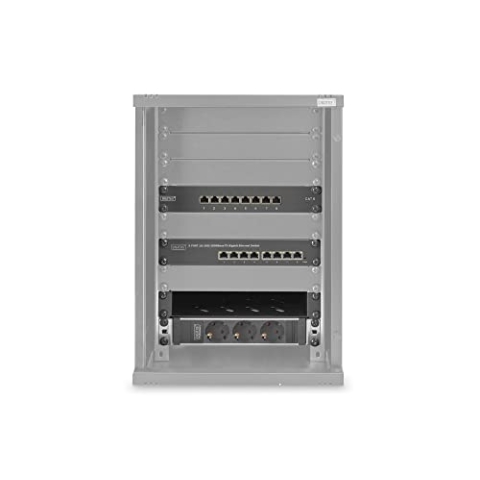 DIGITUS 10-Zoll Set - Netzwerk-Schrank 9HE Schwarz - Fachboden - Steckdosenleiste - 8-Port Patch-Panel - 8-Port Gigabit-Switch