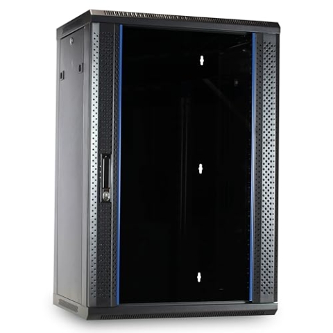 27HE Netzwerkschrank (Serverschrank) 19 Zoll Wandmontage mit Glastür (BxTxH) 600 x 600 x 1300mm - Schwarz - Traglast 60 kg