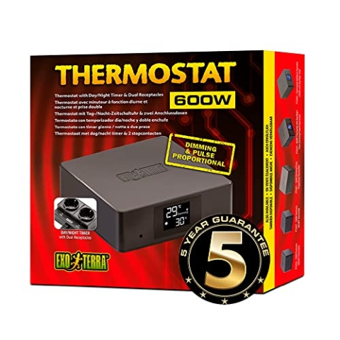 Exo Terra Thermostat mit Tag-/ Nacht-Zeitschaltuhr und Zwei Anschlüssen, steuert Heizgeräte bis zu 300W pro Anschlussdose