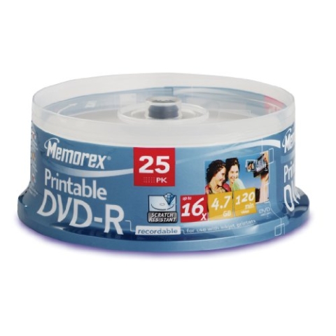 Memorex M00587 Bedruckbarer DVD-R Rohling in Cakebox (25 Stück) 16x Speed INKJET PRINTABLE