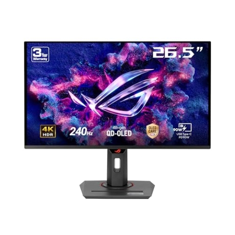 ASUS ROG Strix OLED XG27UCDMG - 27 Zoll 4K UHD Gaming Monitor - 240 Hz, 0.03ms GtG, G-Sync, FreeSync, AdaptiveSync, DisplayHDR 400TB - 16:9, 3840x2160, DP 1.4 DSC, HDMI 2.1, 90W USB-C, USB-Hub, Ergo.