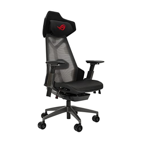 ASUS ROG Destrier Ergo Gaming Chair (ergonomischer Stuhl, 360° Armstützen für mobile, Akustikpaneel, Aluminiumrahmen, atmungsaktives Mesh, Lendenwirbelstütze und Kopfstütze), 90GC0120-MSG010