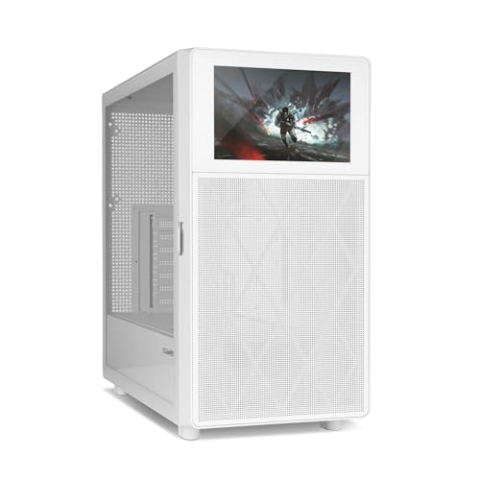 NOX XTREME PRODUCTS Hummer BIOS - Semitower ATX | M-ATX | ITX, anpassbares 8"-LCD-Display, Frontblende aus Metallgewebe, Seitenblende aus gehärtetem Glas, Platz für 11 Lüfter, USB-C und 3.0, Weiß
