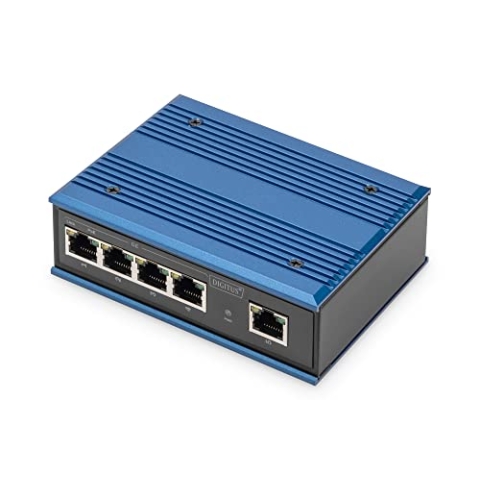 DIGITUS PoE Netzwerk-Switch - 5-Port Gigabit Ethernet - DIN-Rail Montage - Klemmleiste - Lüfterlos - Schwarz/Blau