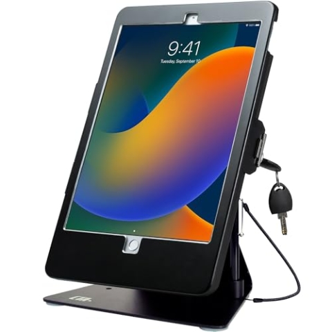 Desktop-Diebstahl-Ständer, CTA Kiosk-Ständer mit Stylus, Haltegurt und Aluminiumgehäuse für iPad 7. / 8. / 9. Generation 10,2 Zoll, iPad Air 3 und iPad Pro 27,2 cm und mehr (PAD-DASB) – Schwarz