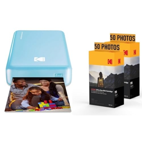 KODAK Fotodrucker PM220 und 2 Patronen MSC50 – Fotos 5,4 x 8,6 cm, WiFi, kompatibel mit iOS und Android – Blau