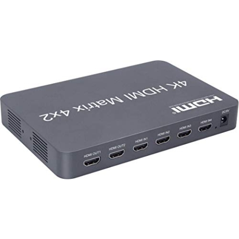 PremiumCord HDMI Matrixschalter 4:2 mit Audio, Switch mit LED Status, Video Auflösung 4Kx2K 2160p UHD, Full HD 1080p, 3D, HDCP, Farbe grau
