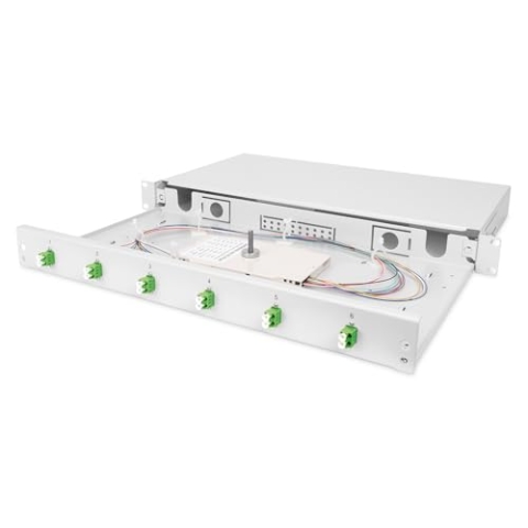 DIGITUS LWL Spleißbox 6 Kupplungen - LC/APC - OS2-1HE 19-Zoll - Single-Mode Duplex - Mit Spleiß-Kassette - Rack-Einbau - Grau