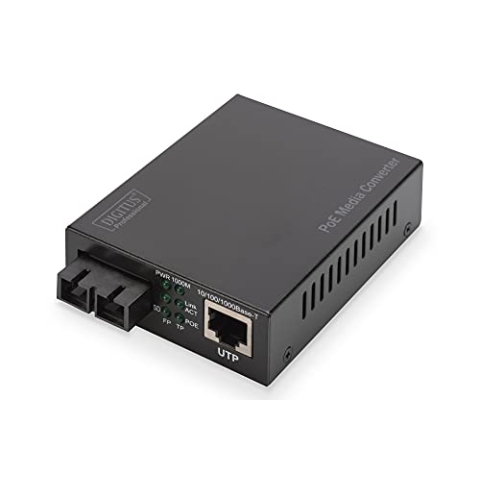 DIGITUS Medienkonverter - SM - Gbit Ethernet - RJ45 / SC - 1310nm Wellenlänge - Bis 20km - Mit PoE-Injektor - Schwarz