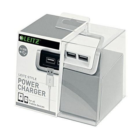 Leitz, 3x USB Universal Ladegerät, Zinkrahmen, Inkl. kurzem Micro USB-Kabel, Style, Arktik Weiß, 62070004