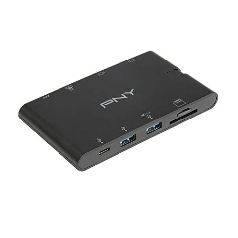 PNY All-In-One USB-C Mini Docking Station mit integriertem USB-C-Kabel mit 2xUSB-C, 2xUSB-A 3.1, 1xHDMI, 1xVGA, 1xRJ45, 1x SD und microSD-Anschlüssen, Schwarz, A-2UF-2TC-K01-RB