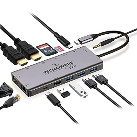 Tecnoware Power Systems - Hub USB C Adapter 13 in 1 | 2x HDMI 4K | USB 2.0 & 3.0, USB C, Ethernet, VGA | SDXC, Mikro-SD, Audio-Buchse | Kompatibel mit MacBook, iPad, Windows, Linux, Grau, Aluminium
