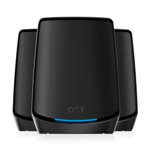 NETGEAR Orbi WiFi 6 Mesh WLAN System (RBK863SB), Triband Mesh, Router mit 2 Satelliten-Repeatern, Abdeckung von bis zu 540 m² und 100 Geräten, Armor Abonnement, AX6000 (bis zu 6 GBit/s)