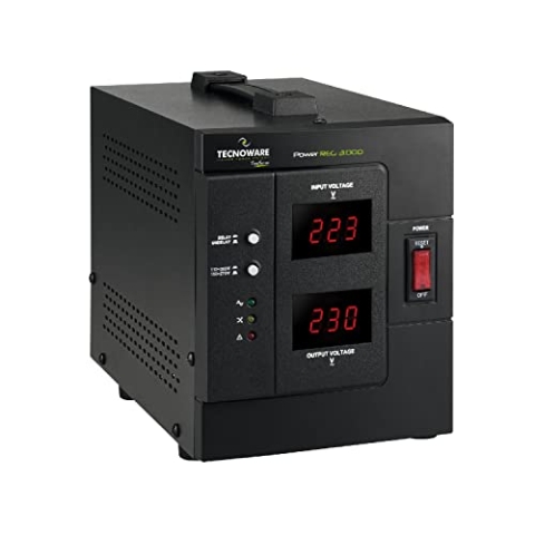 Tecnoware Power Systems - PowerReg 3000VA, Einphasen-Spannungsregler, Schutz vor Spannungsschwankungen und Stromausfällen, Für TV, HiFi, Drucker, USV Stromversorgung 230V, Schwarz, 3000 VA, Metall